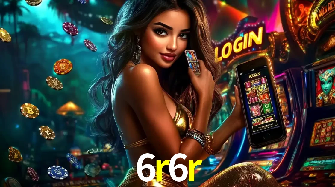 Mulher em um cenário de cassino temático de aventura, mostrando o app de caça-níqueis da 6r6r no celular. Fichas de apostas flutuam ao redor.