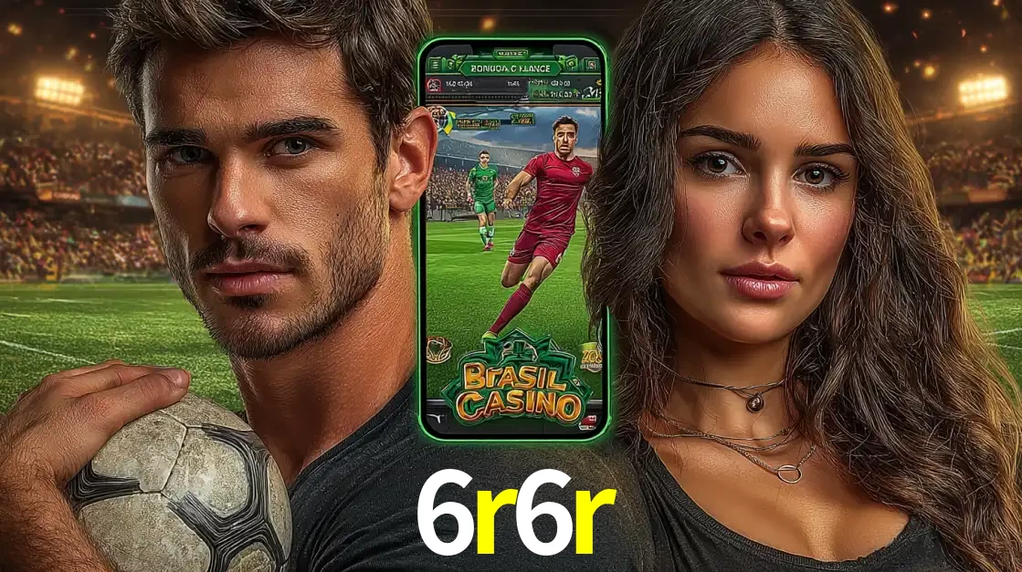 Homem segurando uma bola de futebol e uma mulher ao lado de um smartphone exibindo o jogo de apostas esportivas da 6r6r. Faça seu palpite no cassino online.